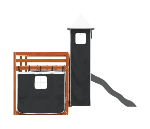 Augstā Gulta Ar Aizkariem Un Slidkalniņu, 90X200 Cm, Priede Vidaxl