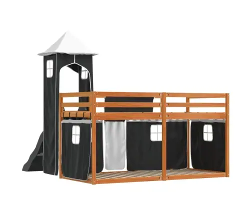 Augstā Gulta Ar Aizkariem Un Slidkalniņu, 90X200 Cm, Priede Vidaxl