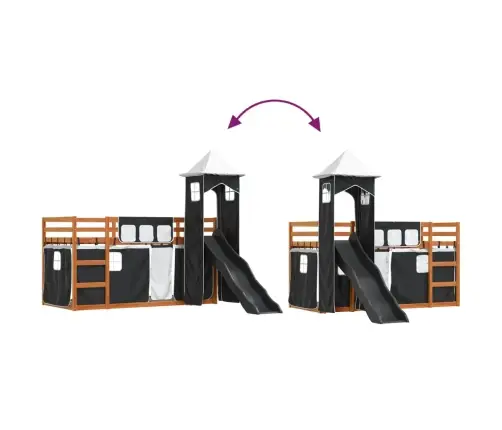 Augstā Gulta Ar Aizkariem Un Slidkalniņu, 90X200 Cm, Priede Vidaxl