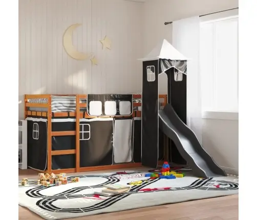 Augstā Gulta Ar Aizkariem Un Slidkalniņu, 90X200 Cm, Priede Vidaxl