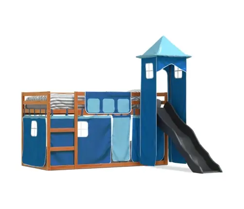 Augstā Gulta Ar Aizkariem Un Slidkalniņu, Zils, 90X200 Cm Vidaxl