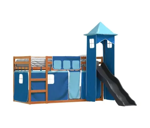 Augstā Gulta Ar Aizkariem Un Slidkalniņu, Zils, 90X200 Cm Vidaxl