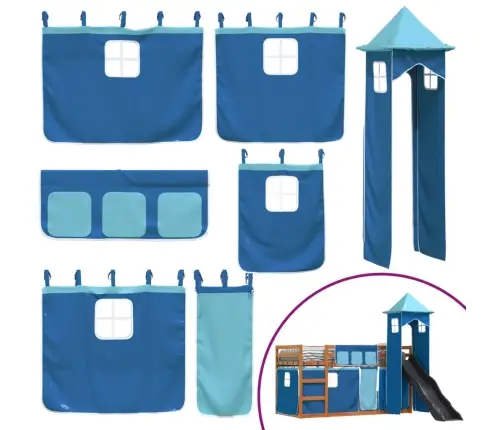 Augstā Gulta Ar Aizkariem Un Slidkalniņu, Zils, 90X200 Cm Vidaxl