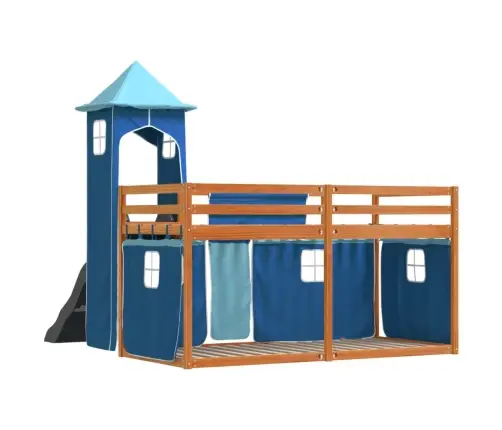 Augstā Gulta Ar Aizkariem Un Slidkalniņu, Zils, 90X200 Cm Vidaxl