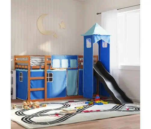 Augstā Gulta Ar Aizkariem Un Slidkalniņu, Zils, 90X200 Cm Vidaxl