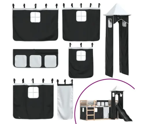 Dviaukštė Lova Su Užuolaidomis, Balta/Juoda, 80X200cm Pušis