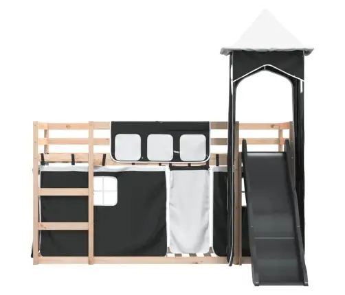 Dviaukštė Lova Su Užuolaidomis, Balta/Juoda, 80X200cm Pušis