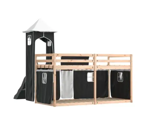 Dviaukštė Lova Su Užuolaidomis, Balta/Juoda, 80X200cm Pušis