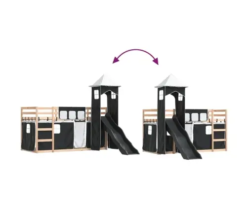 Dviaukštė Lova Su Užuolaidomis, Balta/Juoda, 80X200cm Pušis