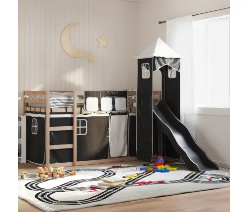 Dviaukštė Lova Su Užuolaidomis, Balta/Juoda, 80X200cm Pušis