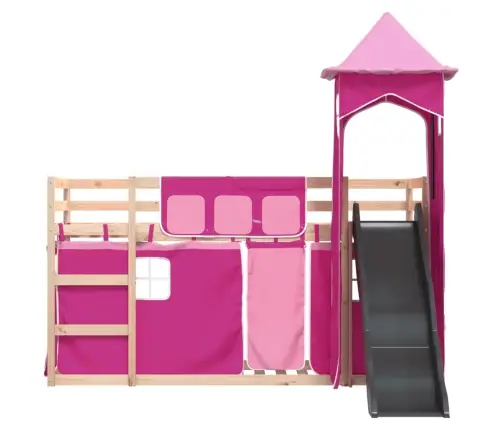 Augstā Gulta Ar Aizkariem Un Slidkalniņu Rozā 80X200 Cm Priede Vidaxl