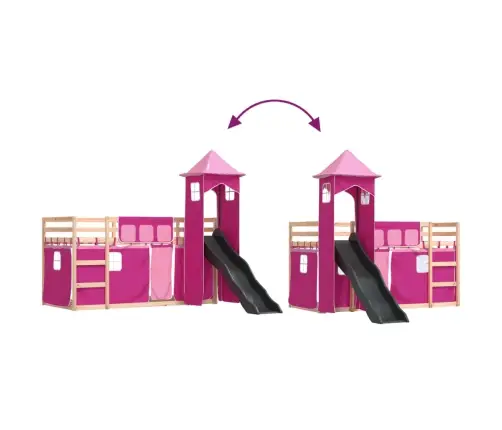 Augstā Gulta Ar Aizkariem Un Slidkalniņu Rozā 80X200 Cm Priede Vidaxl