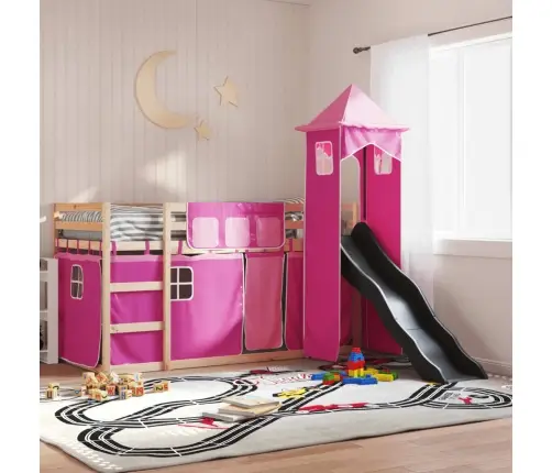 Augstā Gulta Ar Aizkariem Un Slidkalniņu Rozā 80X200 Cm Priede Vidaxl