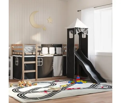 Augstā Gulta Ar Aizkariem Un Slidkalniņu, Melns&Balts, 90X190Cm Vidaxl