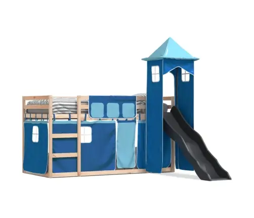 Augstā Gulta Ar Aizkariem Un Slidkalniņu, Zils, 90X190 Cm Vidaxl