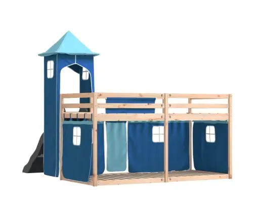 Augstā Gulta Ar Aizkariem Un Slidkalniņu, Zils, 90X190 Cm Vidaxl