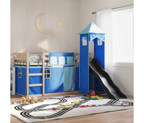 Augstā Gulta Ar Aizkariem Un Slidkalniņu, Zils, 90X190 Cm Vidaxl