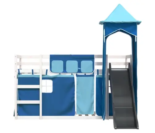 Dviaukštė Lova Su Užuolaidomis Ir Čiuožykla, Mėlyna, 90X190Cm