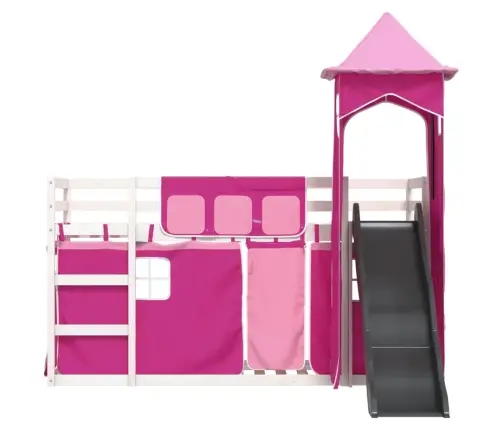Dviaukštė Lova Su Užuolaidomis Ir Čiuožykla, Rožinė, 90X190Cm