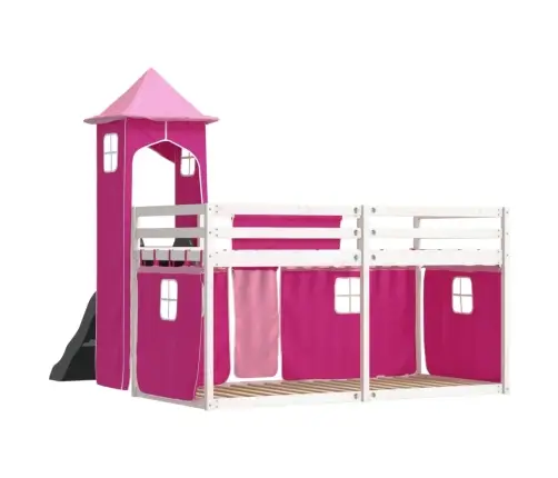 Dviaukštė Lova Su Užuolaidomis Ir Čiuožykla, Rožinė, 90X190Cm