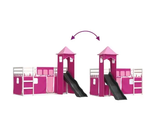 Dviaukštė Lova Su Užuolaidomis Ir Čiuožykla, Rožinė, 90X190Cm