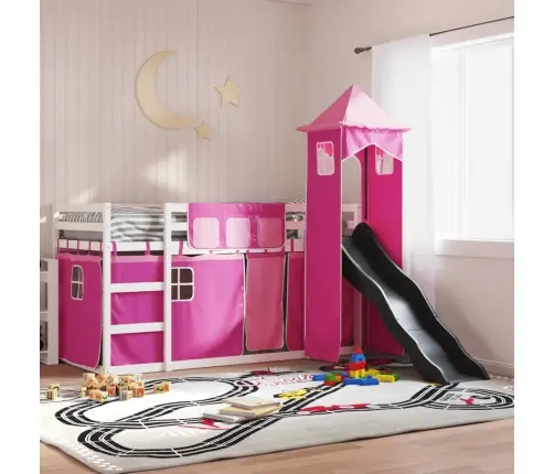 Dviaukštė Lova Su Užuolaidomis Ir Čiuožykla, Rožinė, 90X190Cm