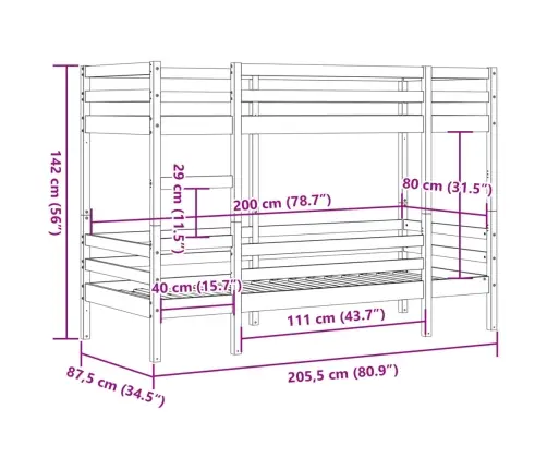 Narivoodi, Valge, 80 X 200 cm Männipuit
