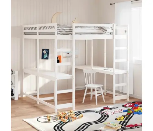 Kõrge Voodi Laua Ja Redeliga, Valge, 180X200 cm Männipuit