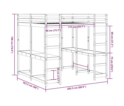 Augstā Gulta, Rakstāmgalds, Kāpnes, Balts, 160X200 Cm, Priede Vidaxl