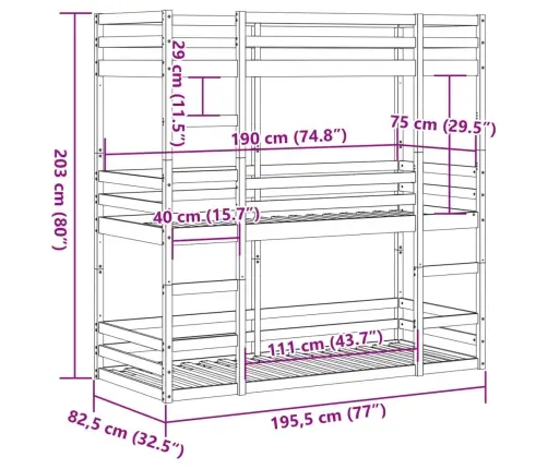 Trīsstāvu Gulta, Balta, 75X190 Cm, Priedes Masīvkoks Vidaxl