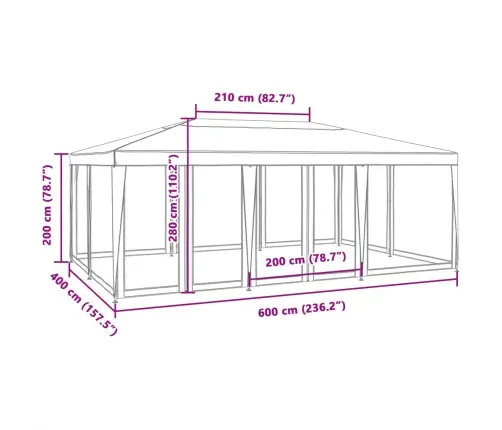Svinību Telts, Ar 10 Sieta Sienām, 6X4 M, Antracītpelēka, Hdpe Vidaxl
