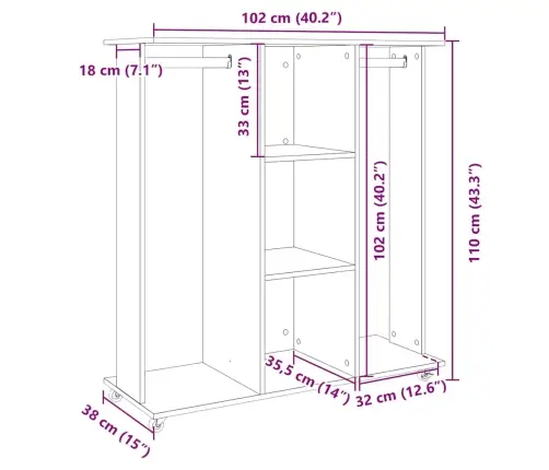 Ratastega Riidekapp, Betoonhall, 102 X 38 X 110 cm Tehispuit