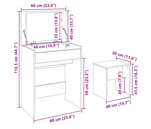 Kosmētikas Galdiņš Ar Tabureti, Ozolkoka Krāsa, 60X40X113,5 Cm Vidaxl
