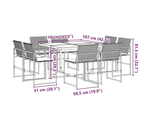 9-Daļīgs Dārza Mēbeļu Komplekts, Matrači, Melns, Pe Rotangpalma Vidaxl