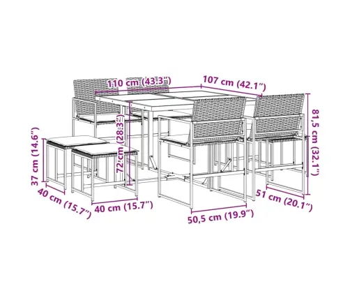 9-Daļīgs Dārza Mēbeļu Komplekts, Matrači, Melns, Pe Rotangpalma Vidaxl