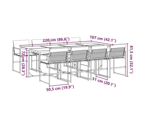 9-Osaline Aia Söögimööbli Komplekt Patjadega, Must, Tekstileen