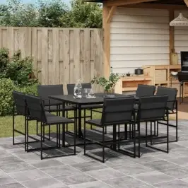 9-Osaline Aia Söögimööbli Komplekt Patjadega, Must, Tekstileen