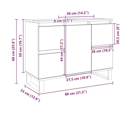 Vannitoakapp, Sonoma Tamm, 80 X 33 X 60 cm Tehispuit