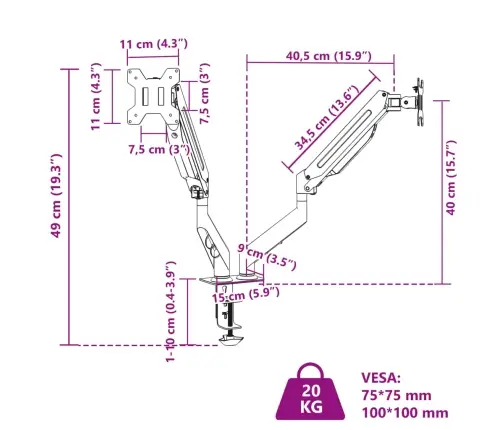Dviguba Monitoriaus Rankena Max 27 Colių Ekranui 20Kg