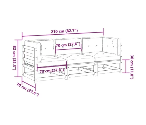 3-Daļīgs Dārza Dīvānu Komplekts, Matrači, Brūns Priedes Koks Vidaxl