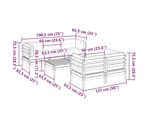 6-Daļīgs Dārza Dīvānu Komplekts, Matrači, Brūns Priedes Koks Vidaxl