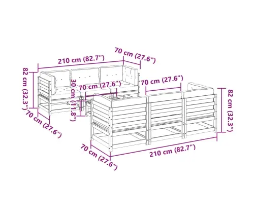 7-Daļīgs Dārza Dīvānu Komplekts, Matrači, Brūns Priedes Koks Vidaxl