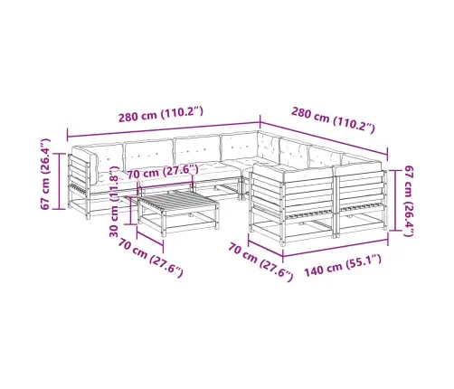 9-Daļīgs Dārza Dīvānu Komplekts, Matrači, Brūns Priedes Koks Vidaxl