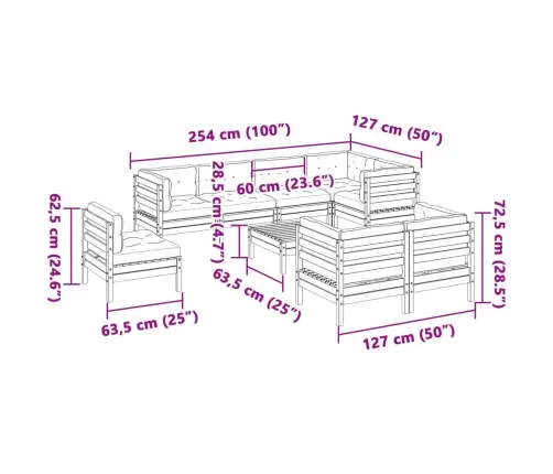 9-Daļīgs Dārza Dīvānu Komplekts, Matrači, Egles Masīvkoks Vidaxl