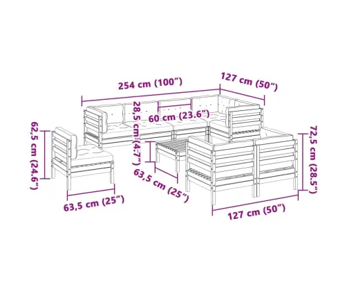 9-Daļīgs Dārza Dīvānu Komplekts Matrači Impregnēts Priedes Koks Vidaxl