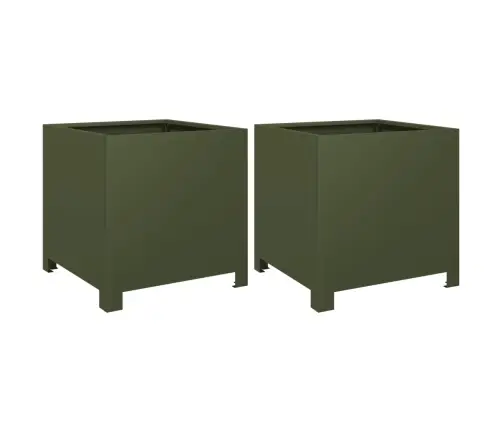 Dārza Puķu Kastes, 2 Gab., Olīvu Zaļas, 40X40X40 Cm, Tērauds Vidaxl