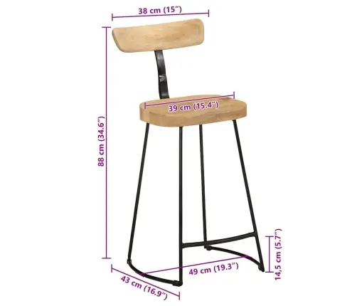 Bāra Krēsli, 2 Gab., 49X43X88 Cm, Mango Masīvkoks Vidaxl