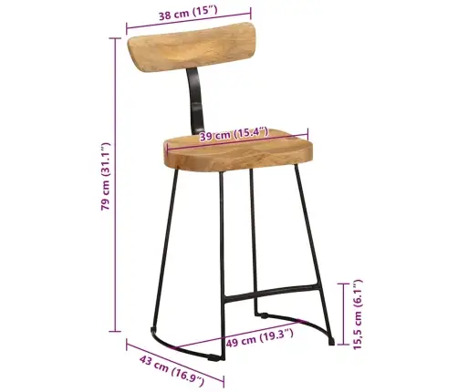 Baro Taburetės, 2Vnt., 49X43X79 cm Medžio Masyvo Mango