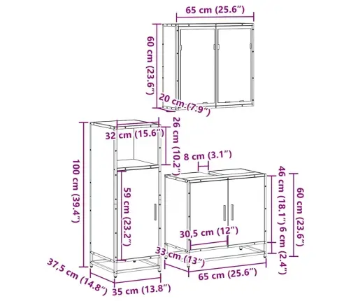 Vonios Baldų Komplektas, 3 Dalių, Rudas Ąžuolo, Mediena