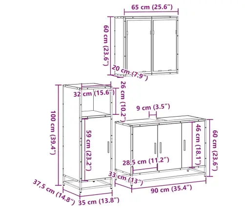 3-Daļīgs Vannasistabas Mēbeļu Komplekts, Pelēka Ozolkoka Krāsa Vidaxl